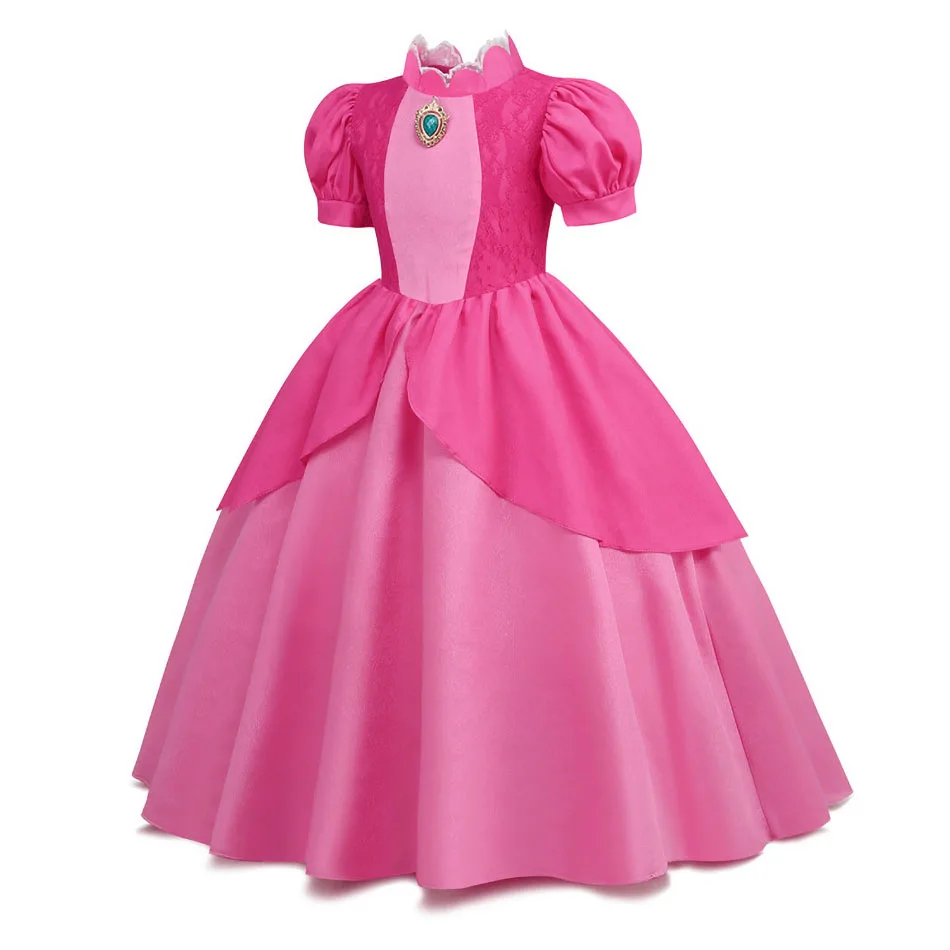 Cosplay Peach Costume for Girl Summer Bubble Sleeve Princess Elegant Dress Kids Halloween Christmas Party Dress Children Clothes