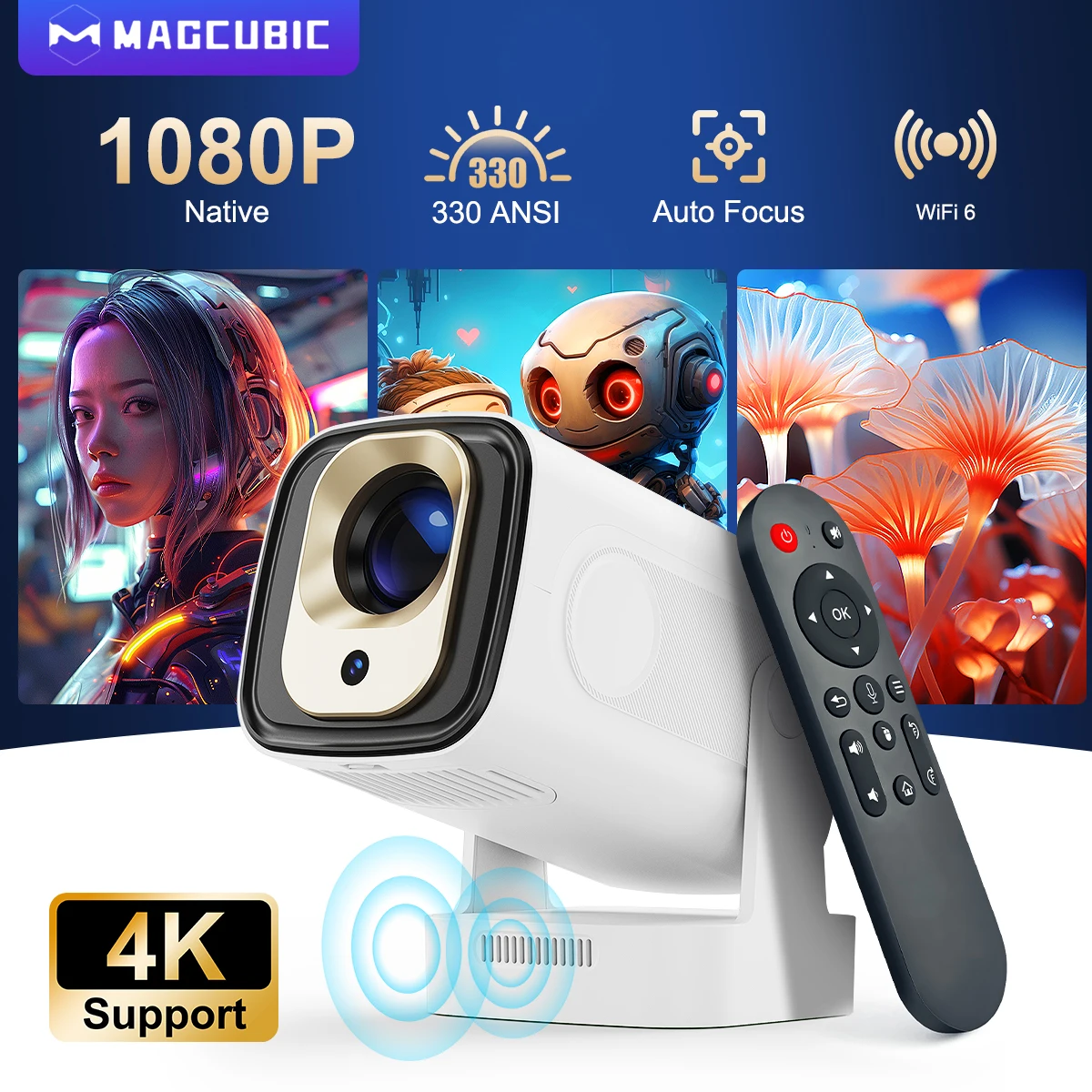 Magcubic Android 11 330ANSI HY310 Projektor 4K Native 1080P Autofokus Native Dual-WLAN BT5.4 Air Mouse Sprachsteuerung Heim- und Outdoor-Kino