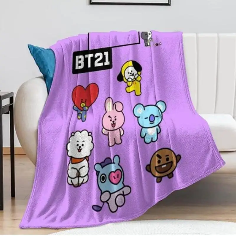 Kawaii Bt21 Blanket Cartoon Home Lightweight Flannel Soft Warm Throw Blanket Suitable for Bed Sofa Travel Camping Office Chair