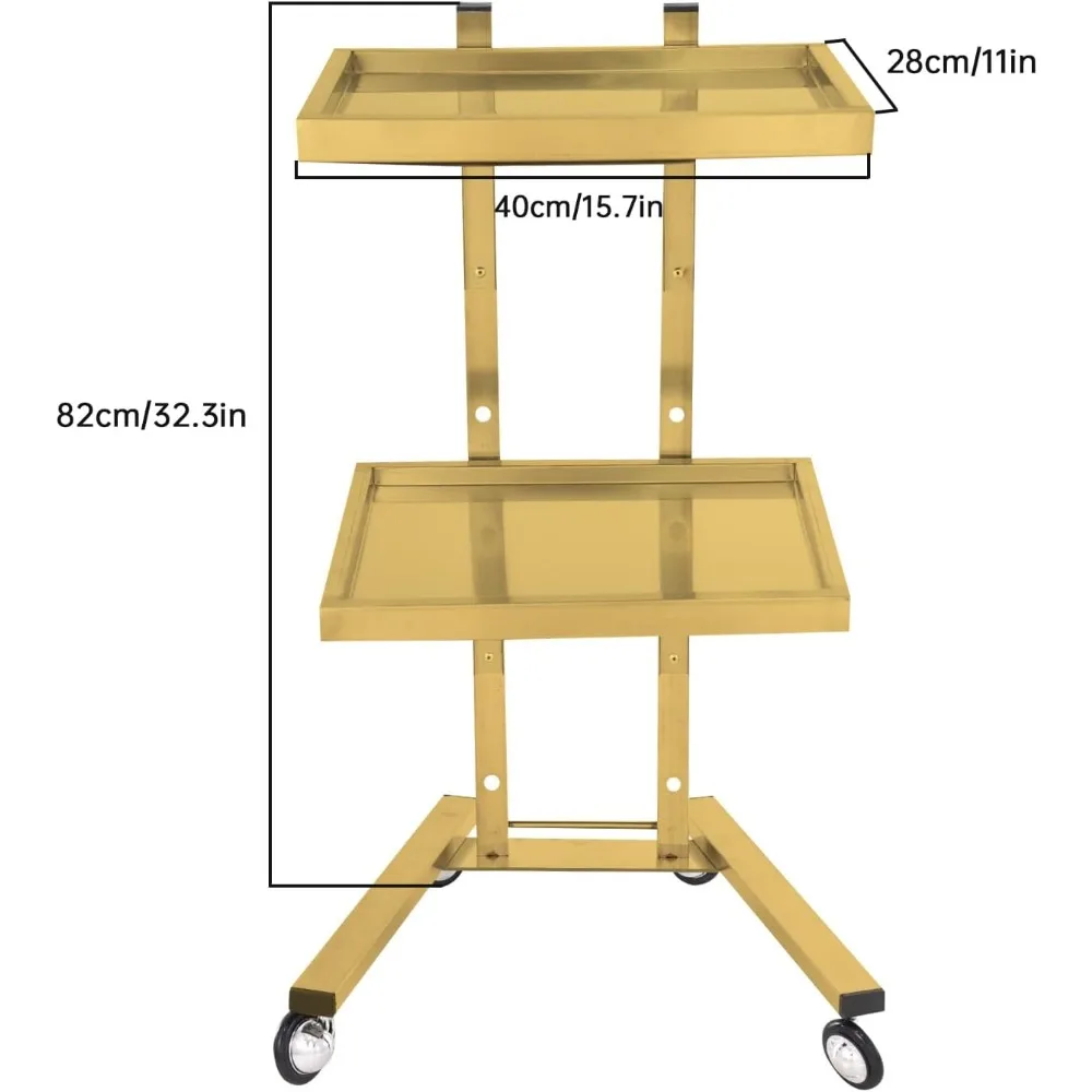 عربة دوارة معدنية من طبقتين، صينية صالون من الفولاذ المقاوم للصدأ مع عجلات، عربة أدوات قابلة للطي، عربة صالون، عربة طبية