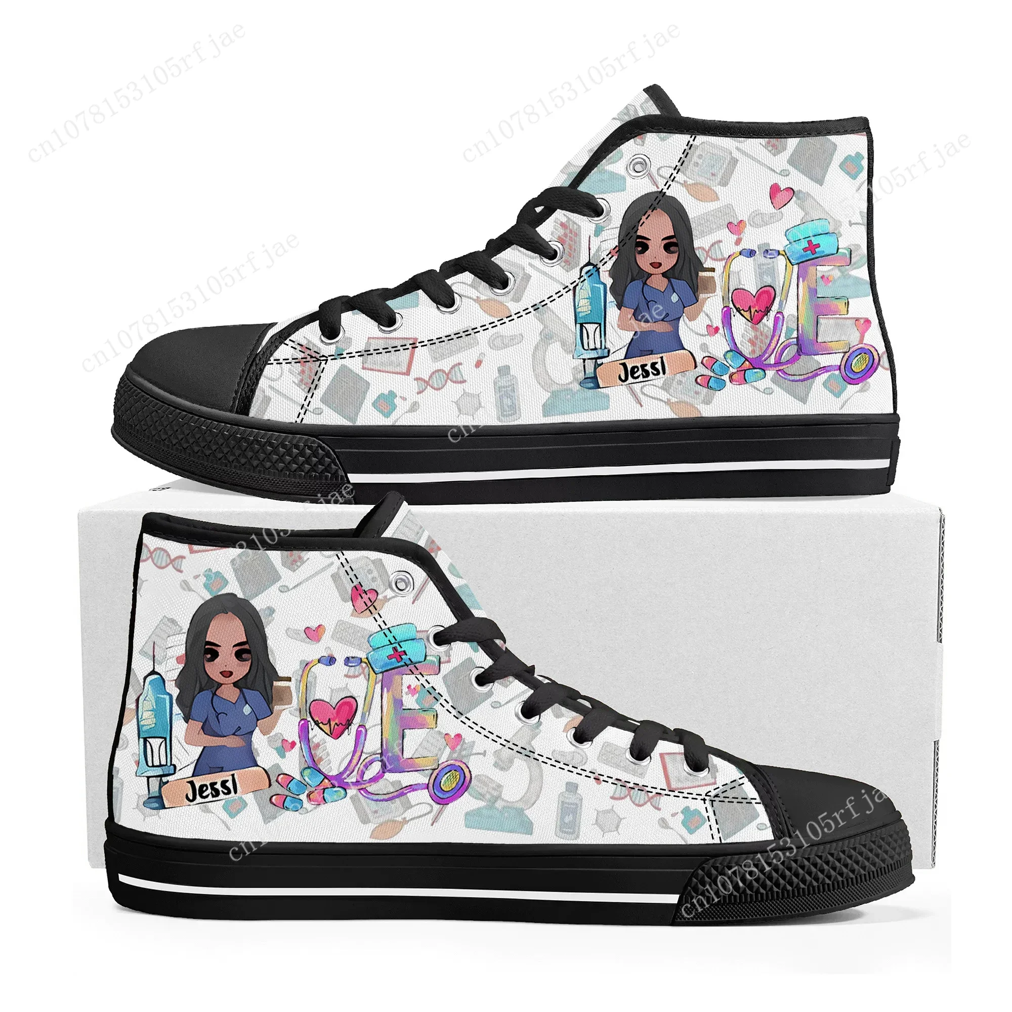 Cute Cartoon Nurse High Top Sneakers Mens Womens Teenager Fashion High Quality Canvas Sneaker Custom Built Couple Shoes
