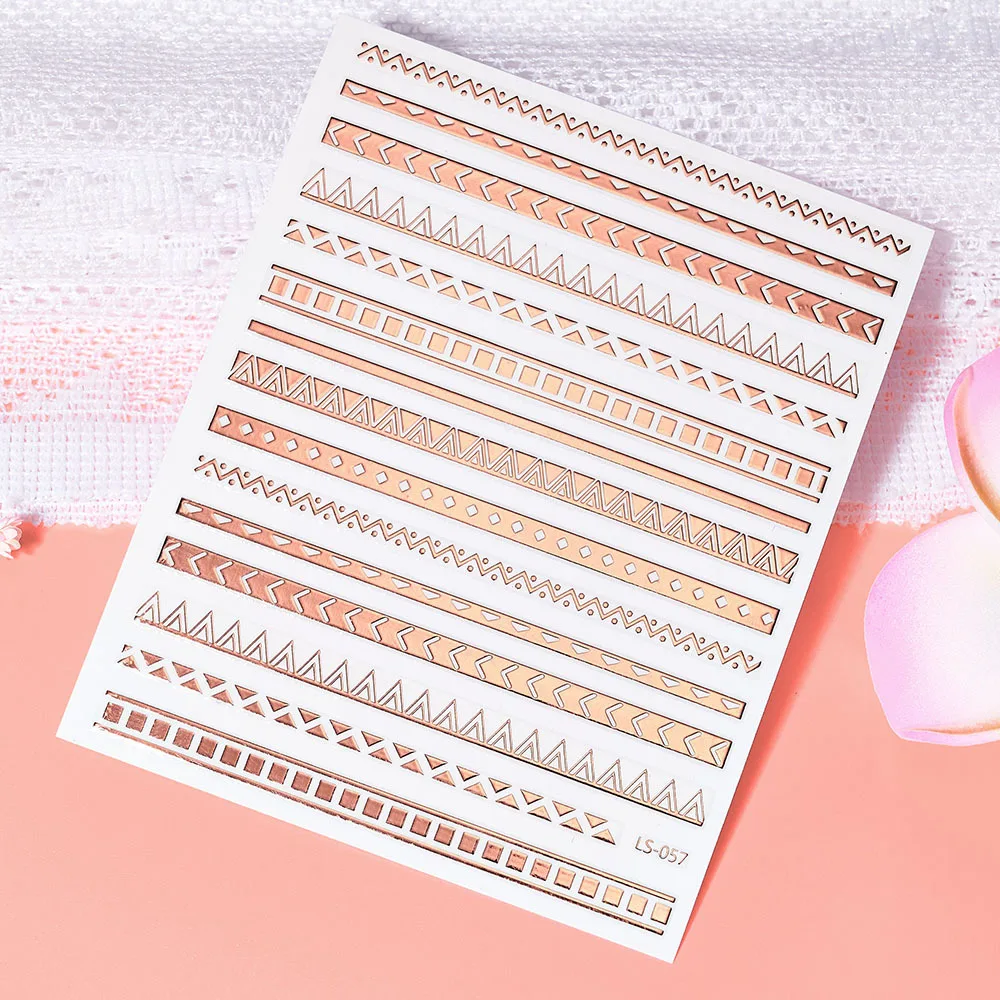 Décalcomanies pour ongles 3D avec lignes géométriques égyptiennes en rose doré et argent, rayures pour l'art des ongles DIY, sliders auto-adhésifs laser pour manucures