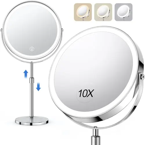 

10x Large Lighted Makeup Mirror, Rechargeable 8inHeight Adjustable Vanity Mirror, 1x/10x Magnifying Mirror 3 Color, 360 Rotation