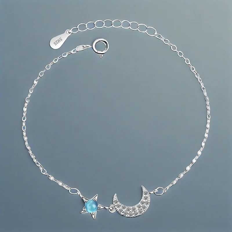 Delicate 925 Sterling Silver Moon Star Design Cubic Zircon Crystal Bangle&Bracelets for Women Girls Wedding Party Jewelry Gifts