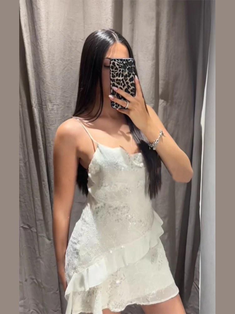 Branco brilhante lantejoulas halter mini vestido feminino elegante folha de lótus borda em camadas babados estilingue robe 2025 nova senhora noite partywear