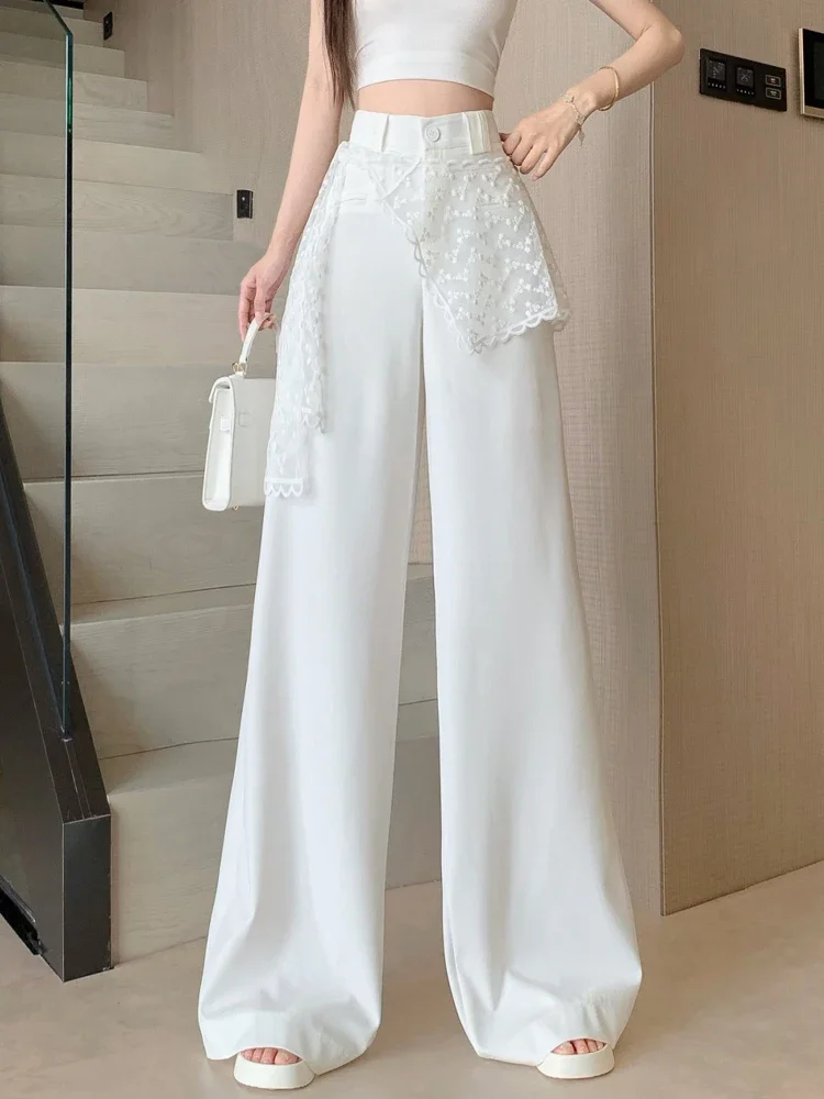 Pantaloni a gamba larga da donna in pizzo bianco, design estivo, pantaloni a gamba dritta alla moda a vita alta in due pezzi finti