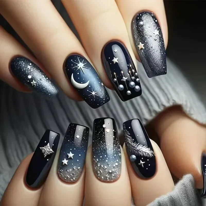 24 pçs/caixa azul unhas falsas imprensa em unhas capa completa dos desenhos animados gato preto glitter céu lua estrelas design francês wearable manicure