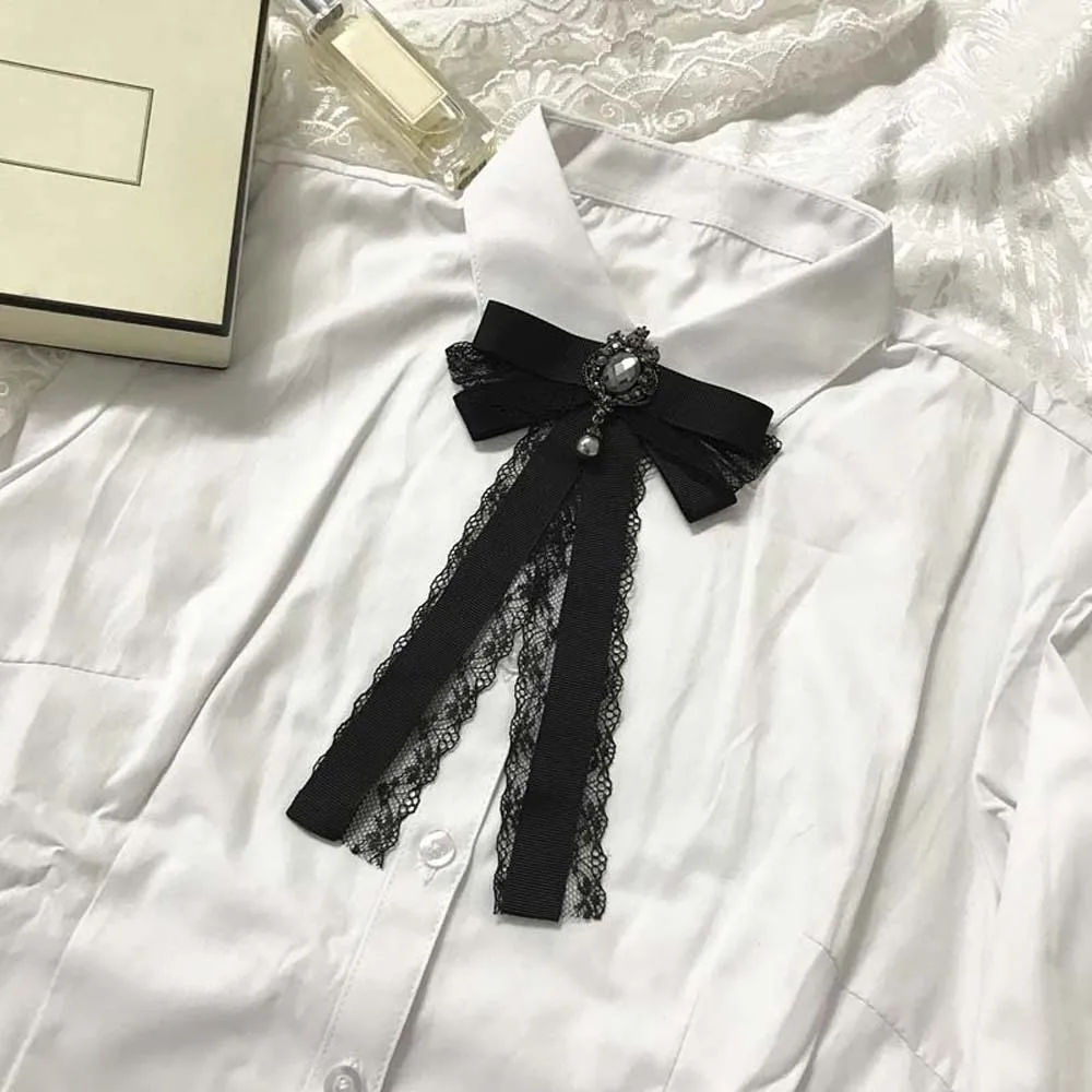 Elegante strass perle cravatta nappe cravatta di pizzo con perline nere a mano stile accademico spilla decorazione camicia cravatta studenti