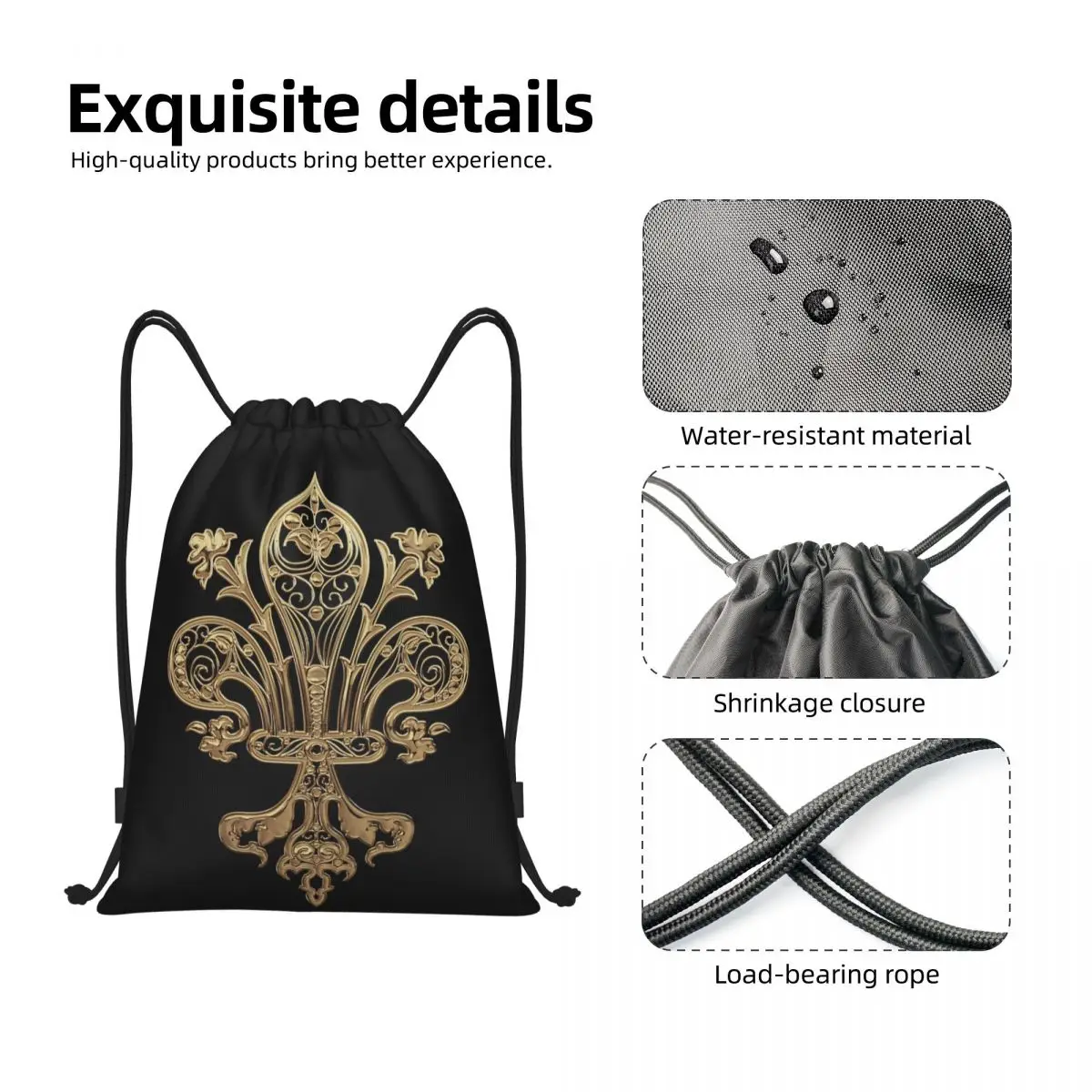 Gold Filigree Fleur De Lis Drawstring Bags for Training Yoga Backpacks Women Men Fleur-De-Lys Lily Flower Sports Gym Sackpack