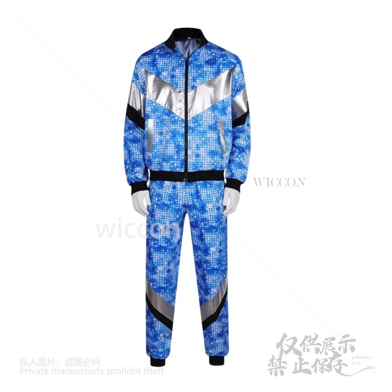 แนวโน้มย้อนยุคพรรคการแสดงบนเวทีเครื่องแต่งกายคอสเพลย์80วินาทีดิสโก้เสื้อผ้าแจ็คเก็ตกางเกงสีฟ้าชุดกีฬาฮาโลวีนเทศกาลพรรค