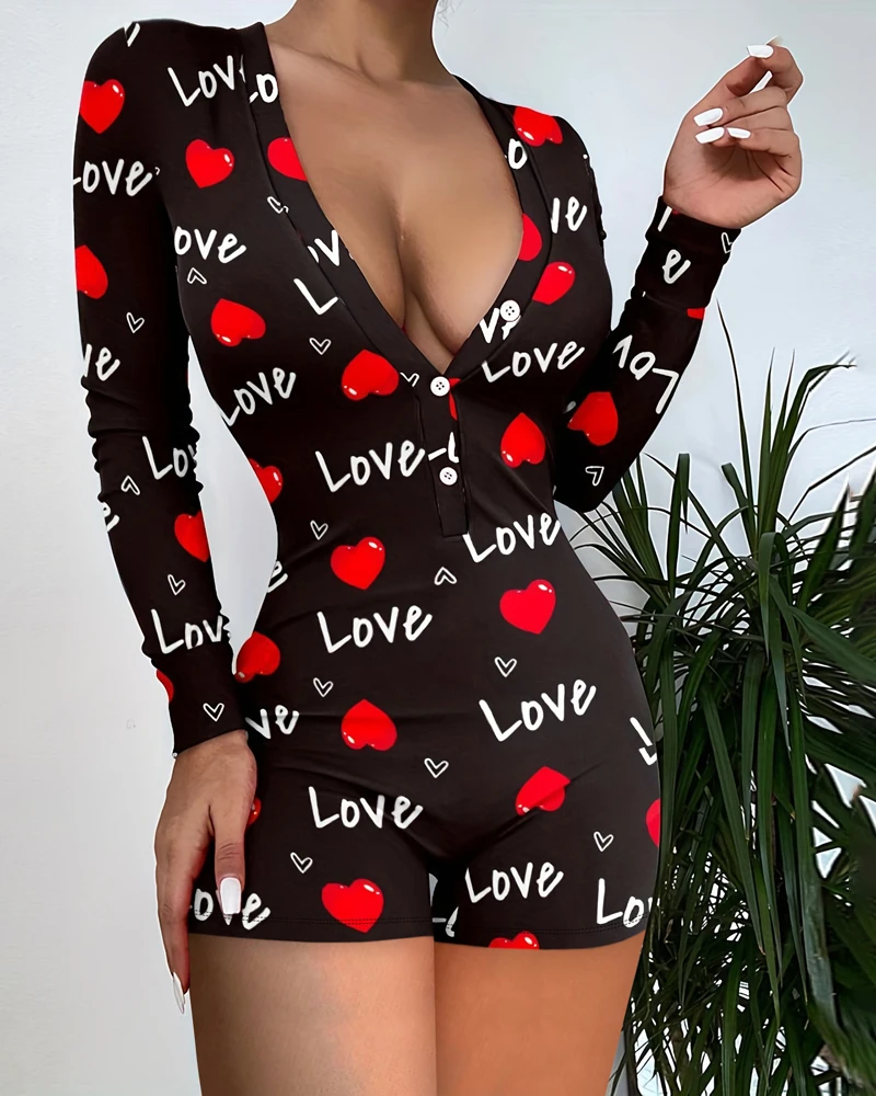 

Fashionable and Elegant for Women Romper 2024 Summer V-Neck Letter Pattern Printed Back Pocket Cover Patchwork Jumpsuit