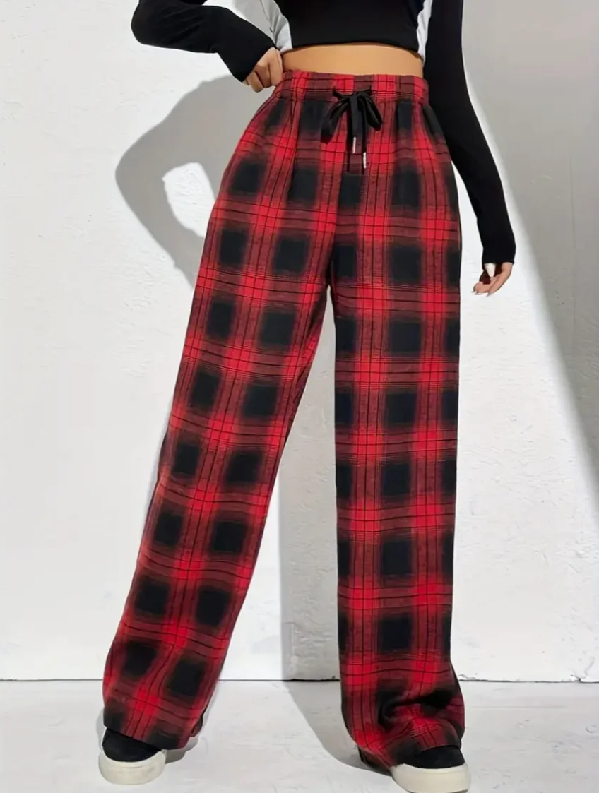 Plaid Print Wide Leg Pants Casual Drawstring Loose Pants For Spring  Summer Womens Clothing