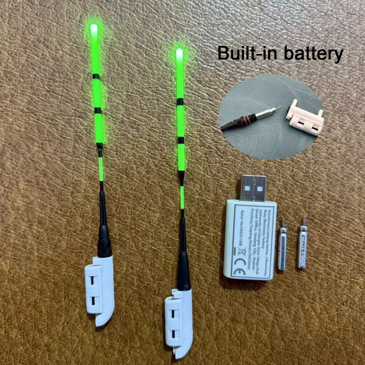 2 Stablichter + 2 wiederaufladbare Batterien + 1 USB-Ladegerät, Nachtangel-Stablichter mit Indikator und CR425 wiederaufladbarer Batterie + Ladegerät