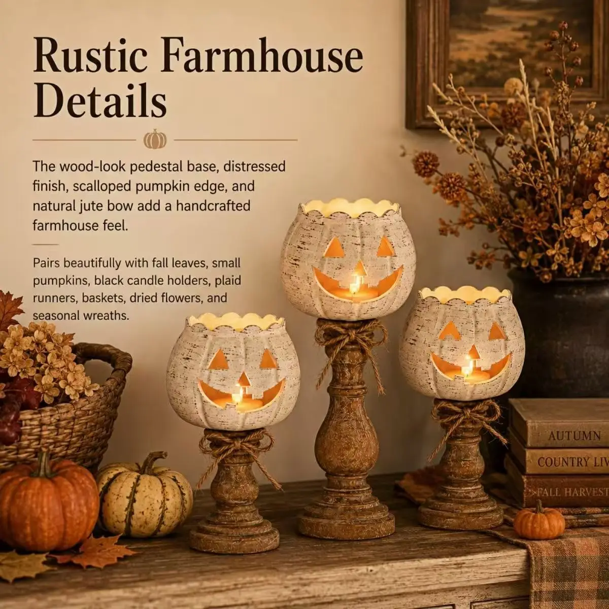 Rustic White Pumpkin Tealight Candle Holder Set Farmhouse Halloween Pumpkin Tea Light Candle Holders Christmas Candle Holders