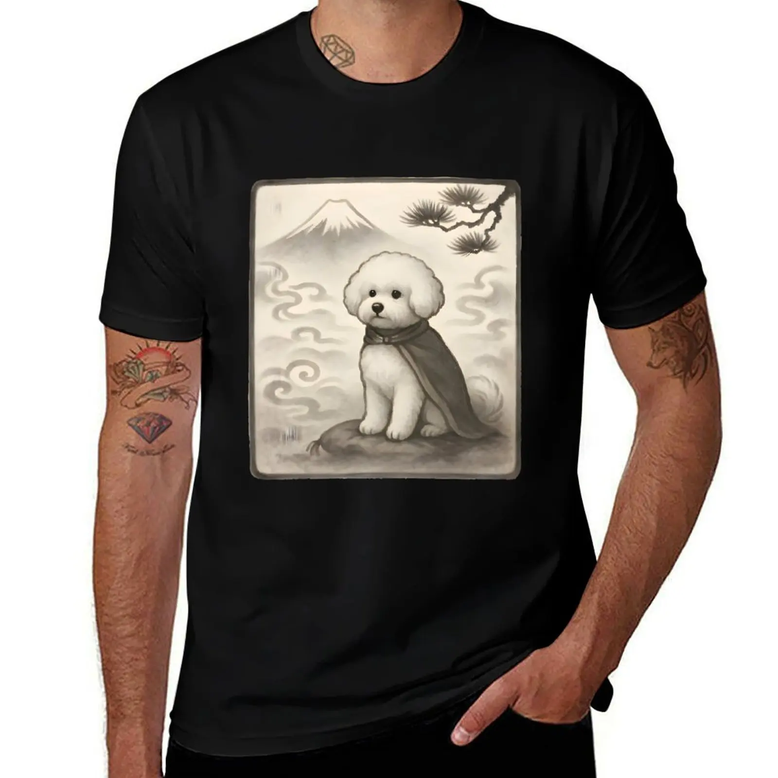 

Bichon Frise in Mist – Mount Fuji Japanese Ink Style Dog Art T-Shirt custom t-shirts aesthetic clothes clothes men t shirts