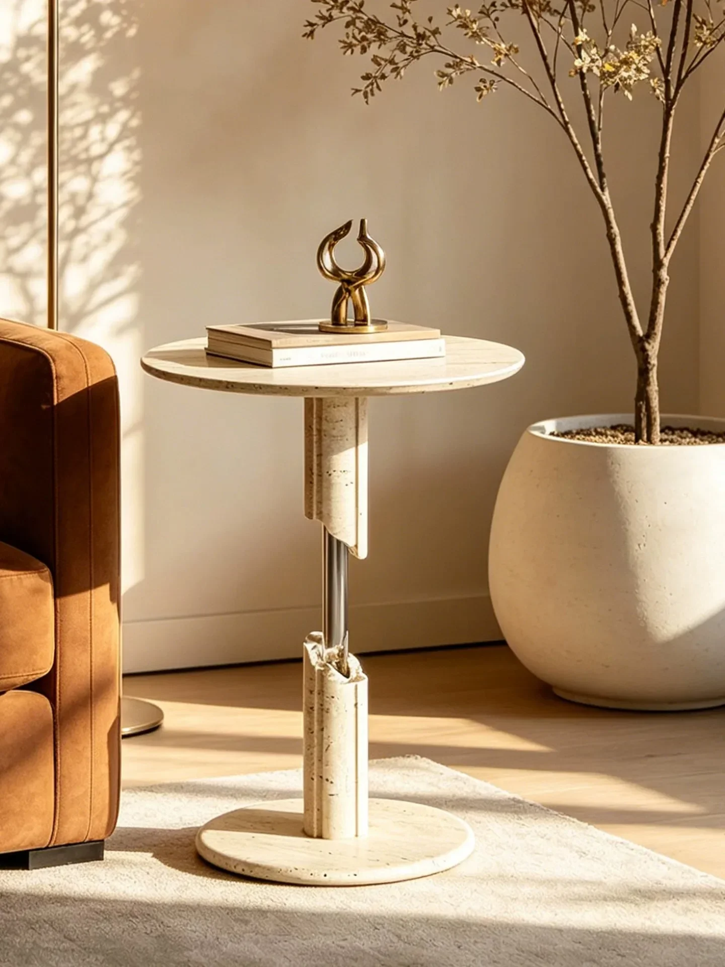 Cream Style Natural Travertine Round Side Table, Designer Marble Sofa Corner Table, Light Luxury Small Coffee Table Living Room