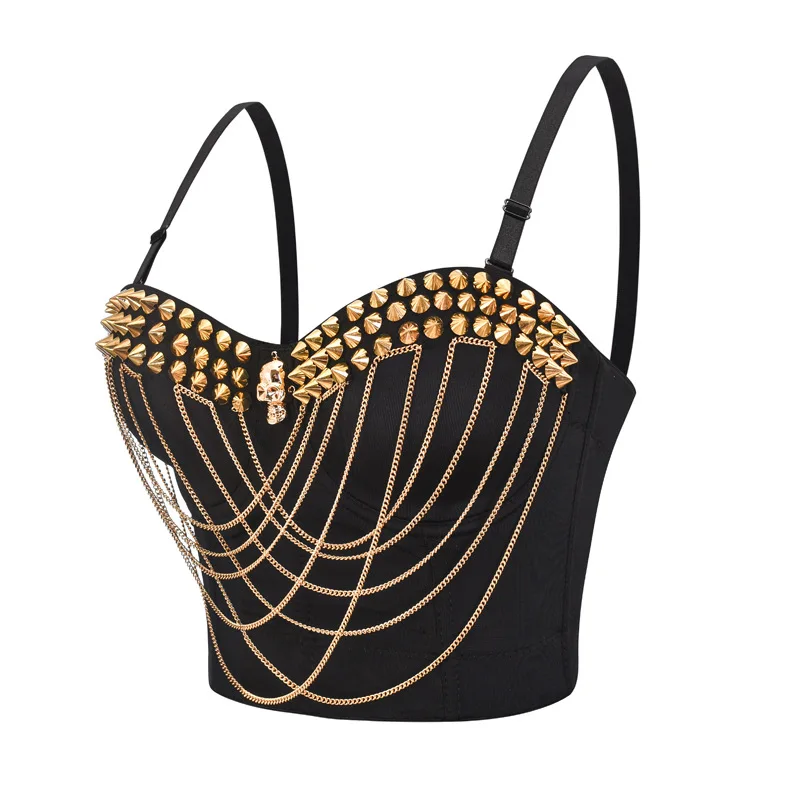 Black / Gold Rivets & Chains Hot Sexy Push Up Bra Punk Rave Rock Bralette For Women Crop Top Mujer Nightclub Bar Party Show Wear