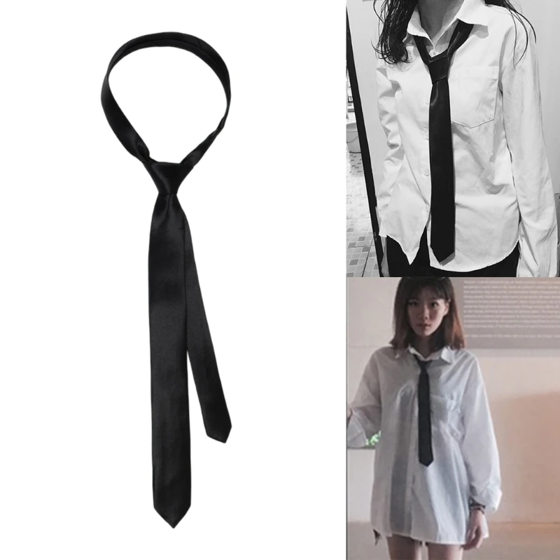 Skinny Tie JK Uniform Tie Women Satin Tie Plain Formal Black Ties Long Necktie