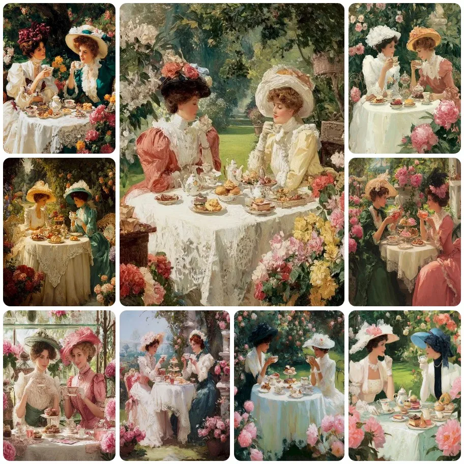 

DIY Victorian Garden Tea Party Jigsaw Puzzle, Elegant Ladies in Lace Dresses with Floral Blooms, Classic Art for Home Decor