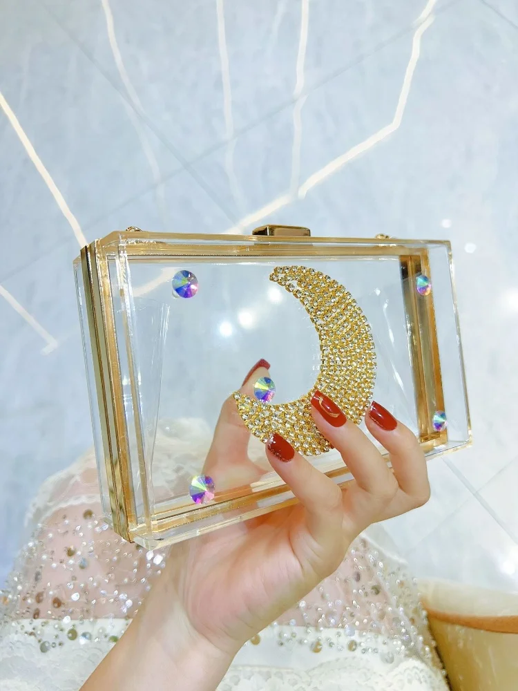 Nova caixa pequena de acrílico transparente sacos de embreagem noite das mulheres na moda lua padrão corrente ombro crossbody sacos bolsas casamento embreagem