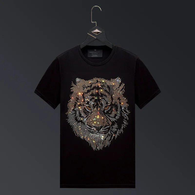 

Rhinestones Tiger Cartoon T Shirts Men Summer Clothes Fashion Streetwear O Neck Short Sleeve Thin Cool T-shirts Camiseta Hombre