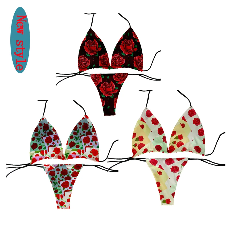 

Romantic rose print swimsuit summer swimsuit women sexy bikini panties thong ladies beach party swimming two-piece suit