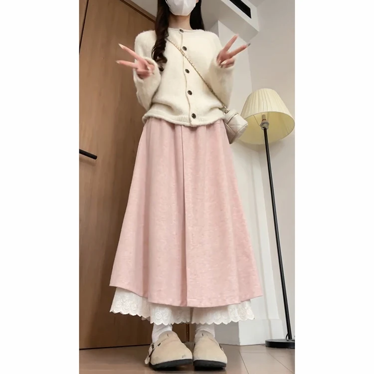 الكورية Sle عالية الخصر الدانتيل تقليم بنطال ذو قصة أرجل واسعة المرأة الخريف الشتاء Thiened Fce اصطف ثنى التخسيس تنورة السراويل