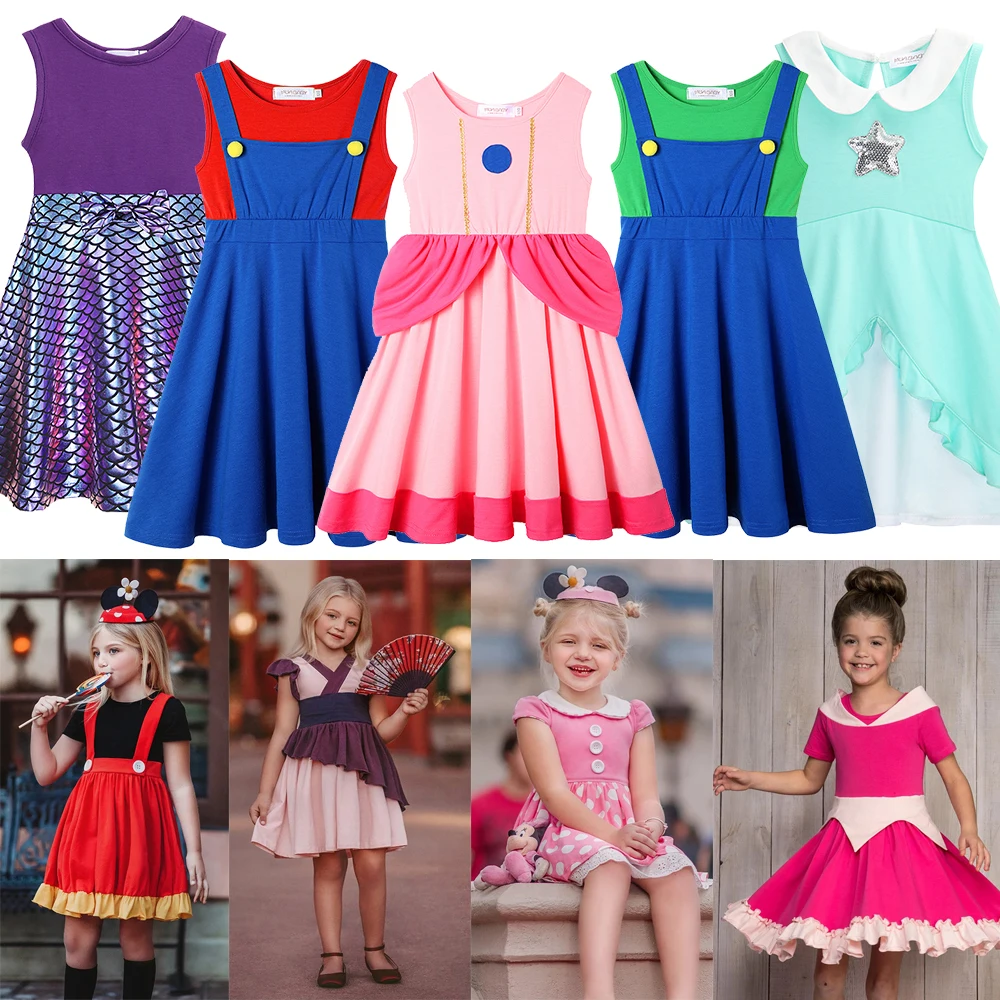 Disney Princess Peach  Dress Sleeveless suspender Knee Length Skirt Aurora Elsa Anna Mickey Minnie 2024 Summer Casual Dresses