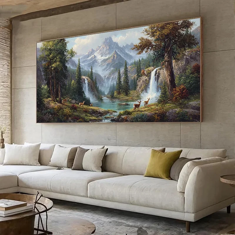 Waterfall Mountain Tree Deer Landscape DIY Diamond Art Painting Large Size Full Square Round Diamond Mosaic Scenery Decor