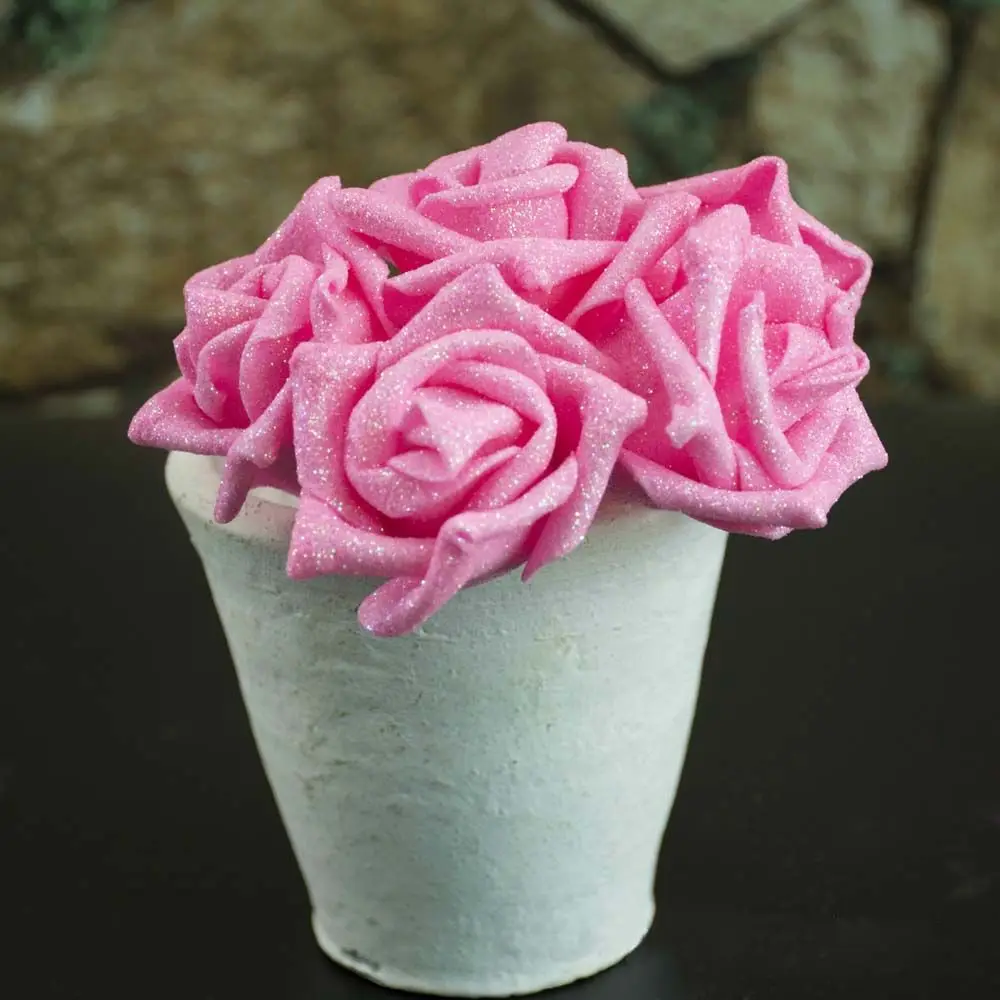 

6cm with Glitter Powder Bride Bouquet Blue Roses Artificial Flowers Decoration Artificial Roses Foam Roses