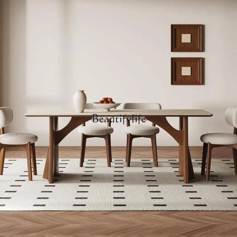 Deli Fung cave stone rock slab dining table French wabi-sabi rectangular walnut