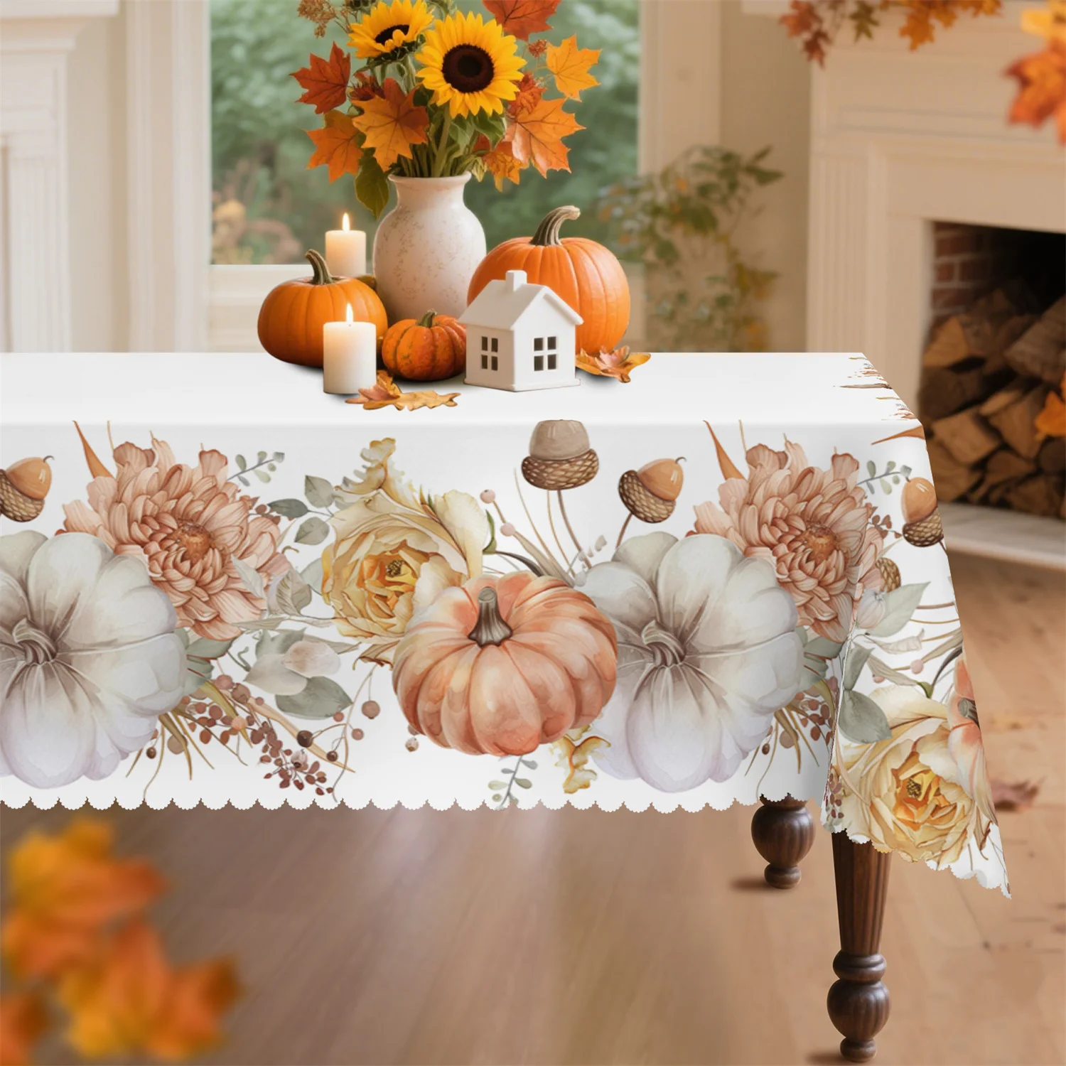 Pumpkin, pinecone, rose and hydrangea patchwork tablecloth, 1 pack, suitable for Thanksgivingzyc