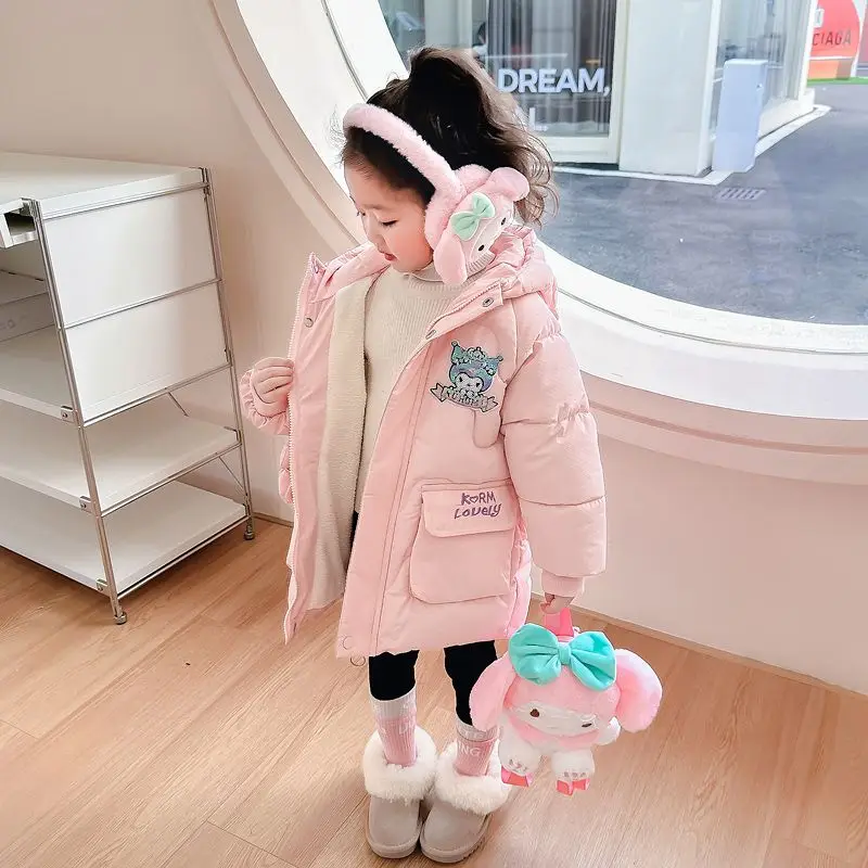 Kawaii Anime Sanrioed Kuromi Children Padded Jacket My Melody Girls Fashion Plush Jacket Warm Thicken Cute Winter Padded Clothes