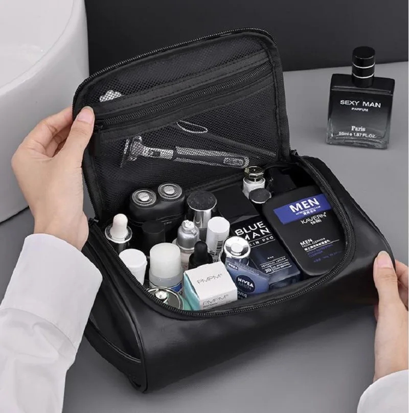 Korean New Fashion Business Men's Soft Leather Makeup Bag Handbag High Capacity Travel Wash up Bag Wallet Purse Cosmetic Cases