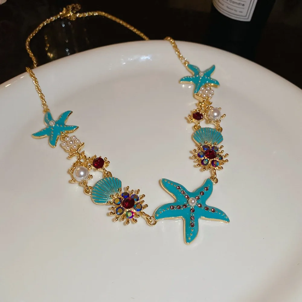 Ожерелье из ракушек морской звезды из сплава со стразами и жемчугом, богемное ожерелье из ракушек, ювелирные изделия, регулируемые