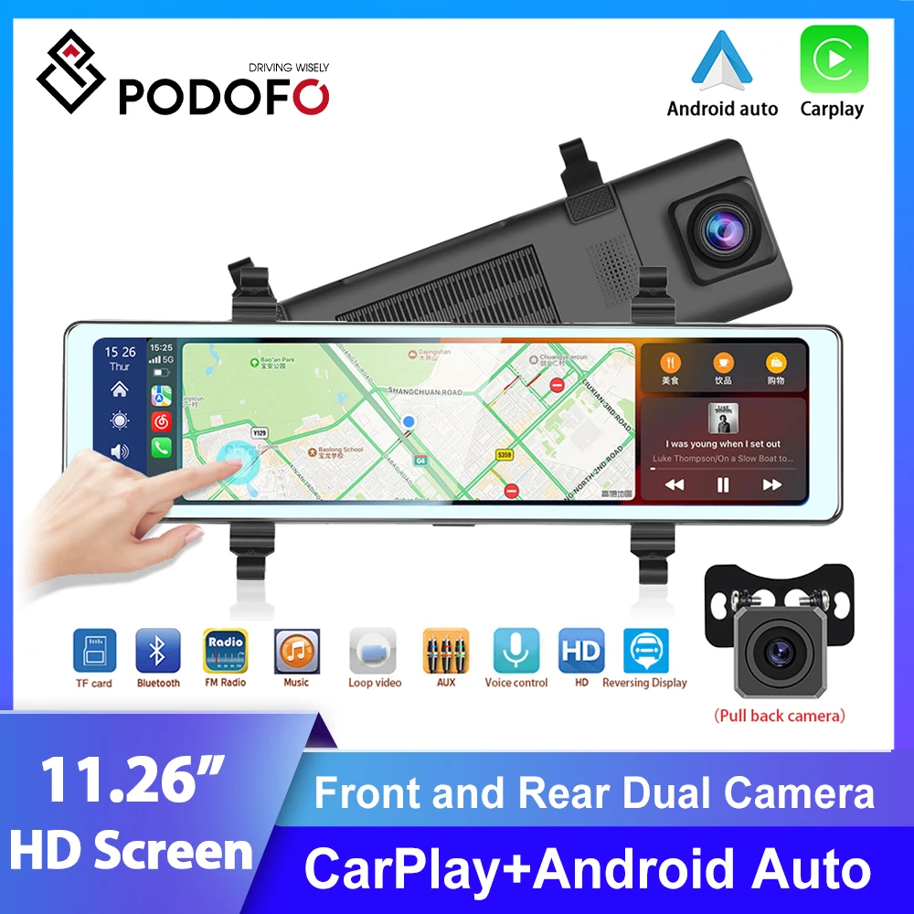 Podofo 11.26 Inch HD Mirror Camera for Car Mirror Video Rearview Wireless Carplay Front and Rear Camera Mirror DVR Black Box