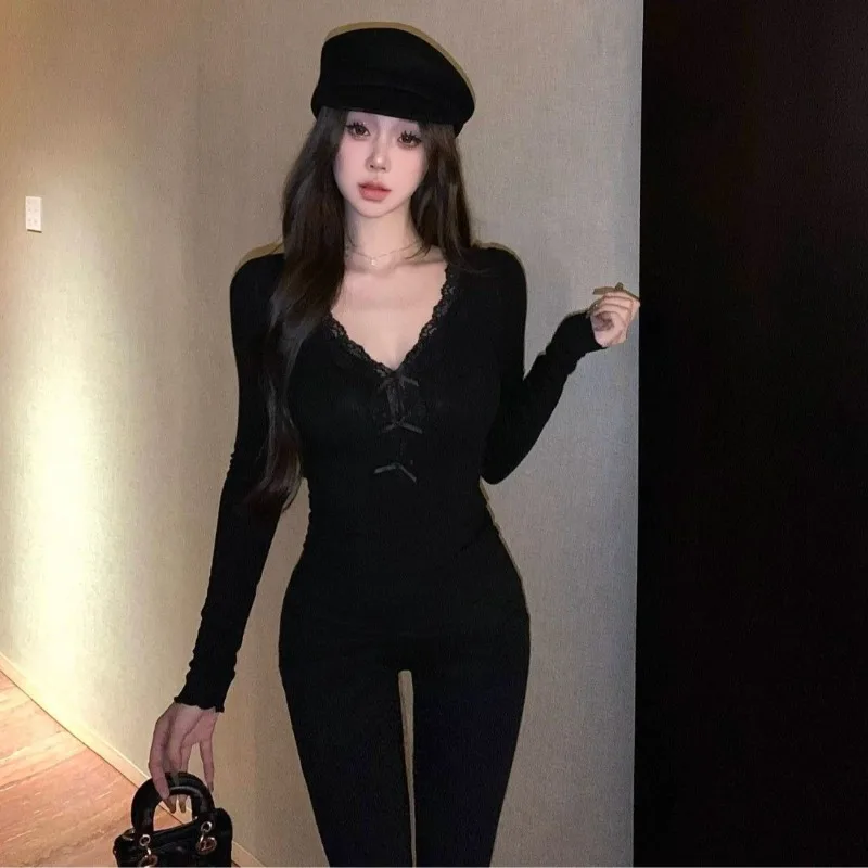V-neck Long Sleeve T-shirts Women Solid Tees Sexy Spring Korean Style Y2k Femme Hotsweet Leisure Multi-bow Sweet Club All-match