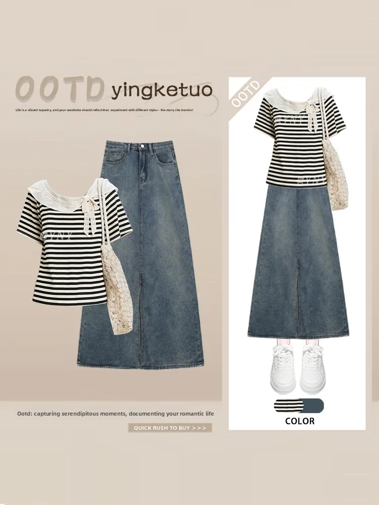 

Korean College Style Color Block Striped Splicing Short Sleeve T Shirt High Waist Slim a Line Denim Skirt Summer Three Piece ...
