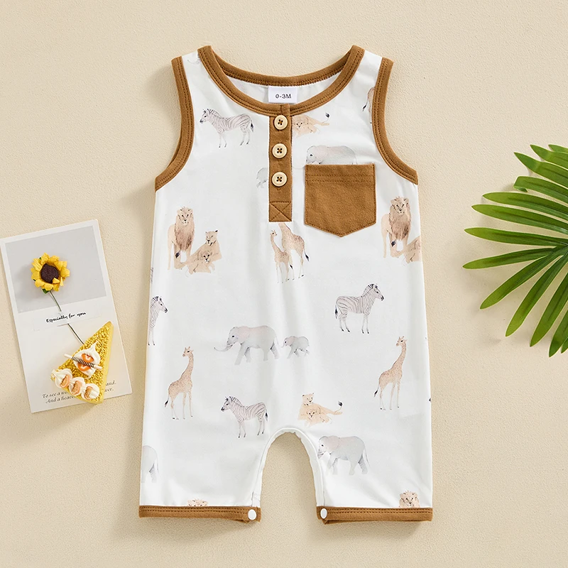 

2024-03-08 Lioraitiin 0-18M Infant Baby Boy Summer Tank Romper Cartoon Animal Print Sleeveless Round Neck Front Pocket Jumpsuit