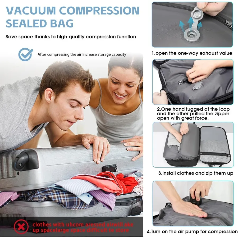 Mochila de compressão a vácuo para viagem Mochila expansível de 47L com bomba Mochila para laptop de 17 polegadas Voo de bagagem aprovado com V