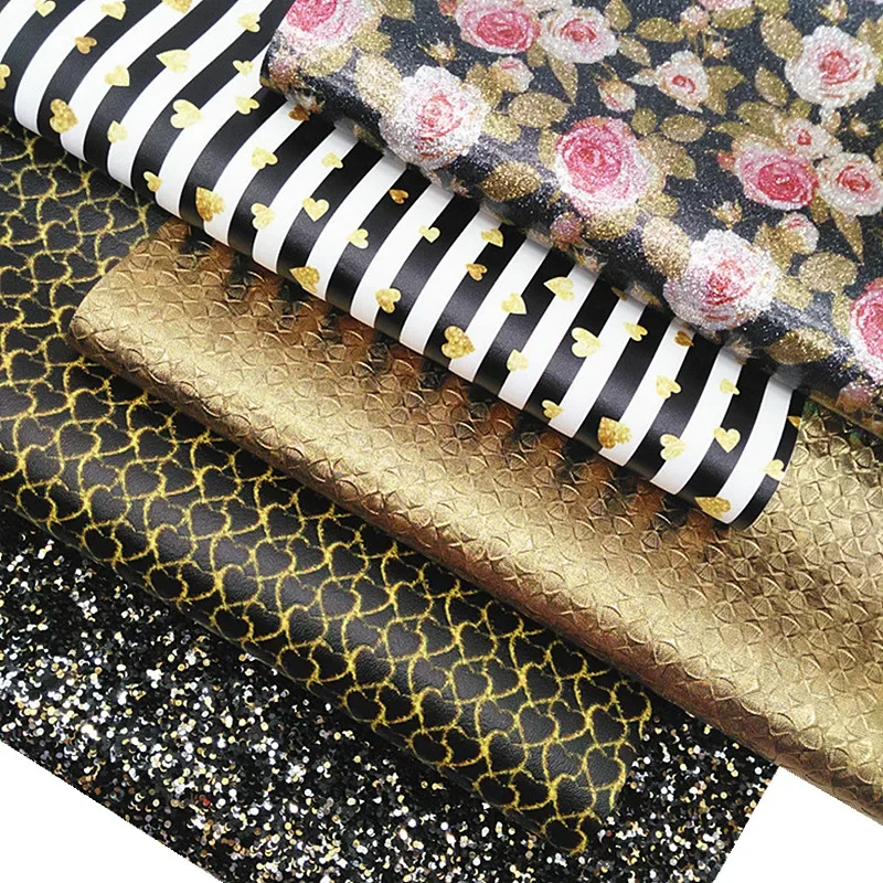 Black Mixed Gold Glitter Leather Roses Custom Smooth Glitter Leather Hearts Printed Faux Leather Vinyl For DIY 21x29CM Y392