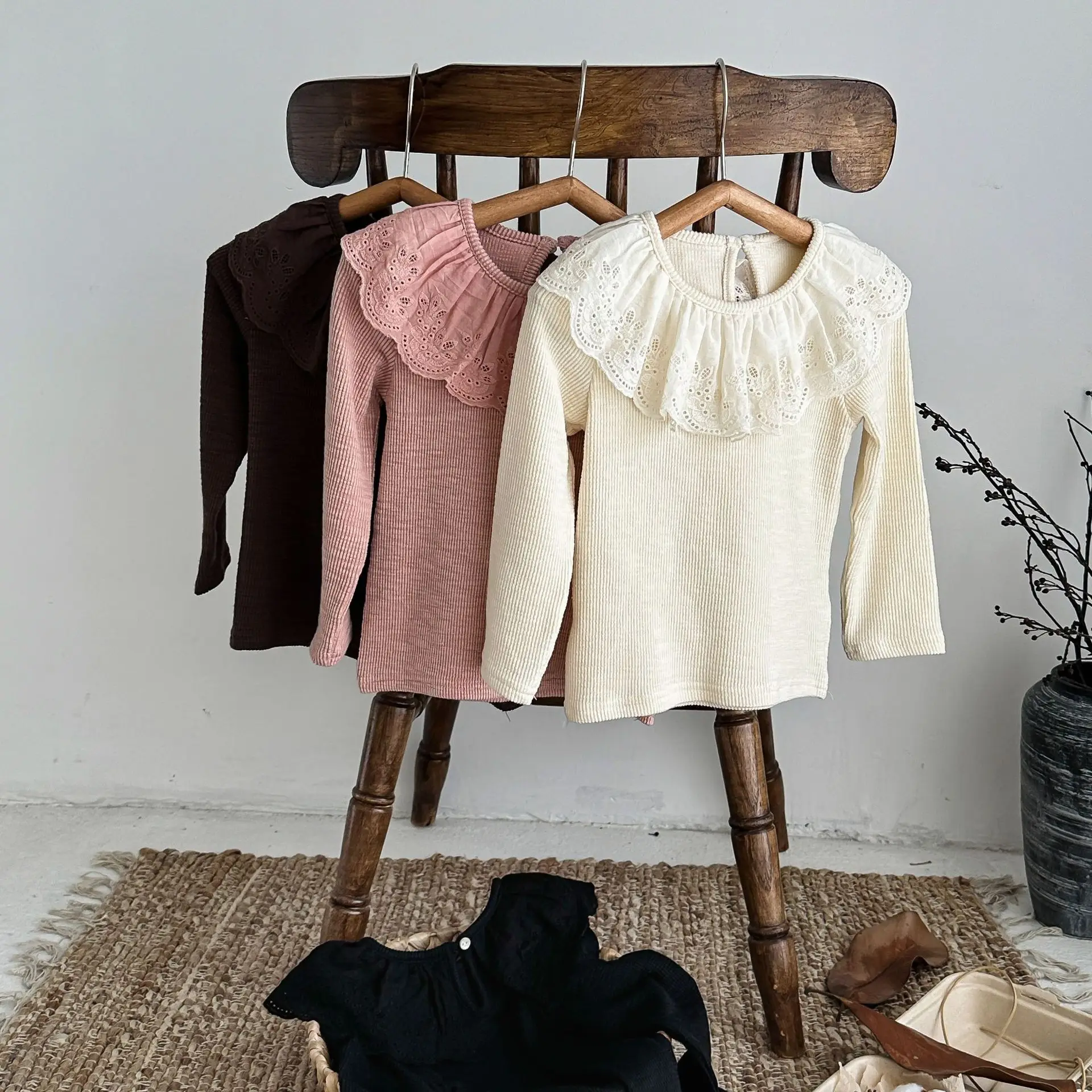 

2025 Autumn Girls Ruffle Neck Blouse Pure Color Basic Top Long Sleeve Layering Essential Soft Cotton Comfortable Shirt
