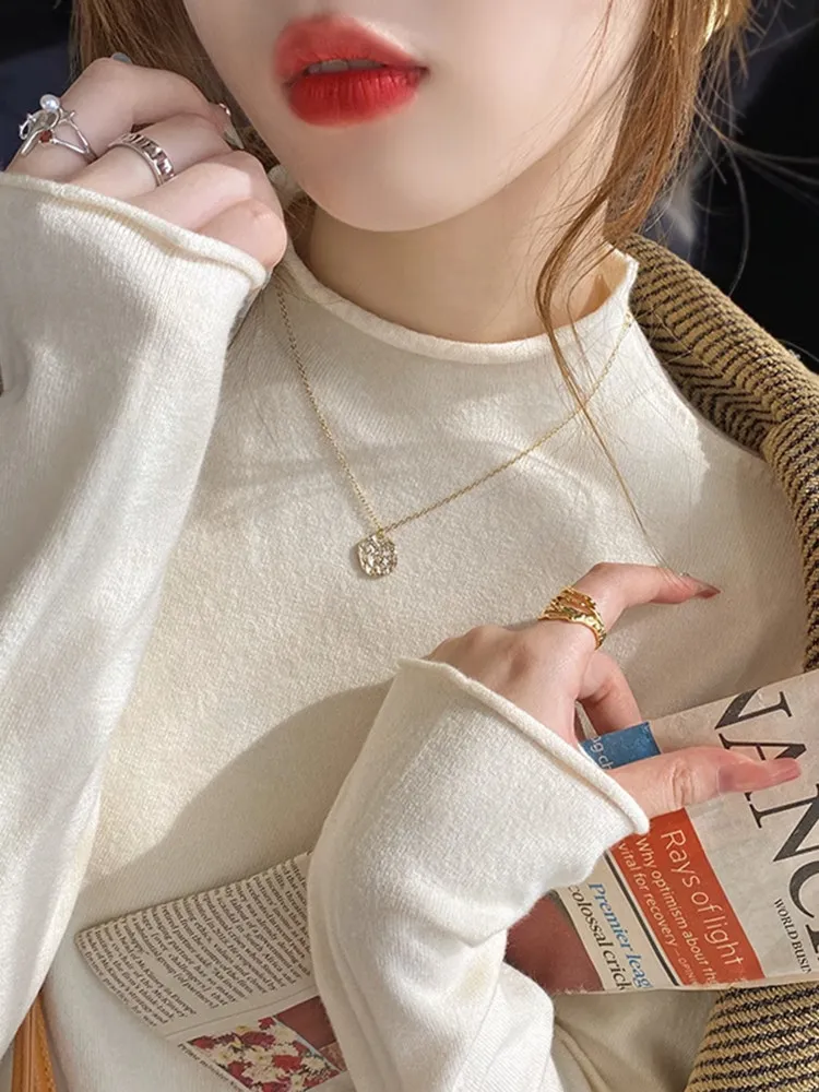 

Fashionable White Slim Fit Knitted Base Shirt Women's 2026 Early Spring Tight Slimming Stylish Inner Wear Sweater Half High C...