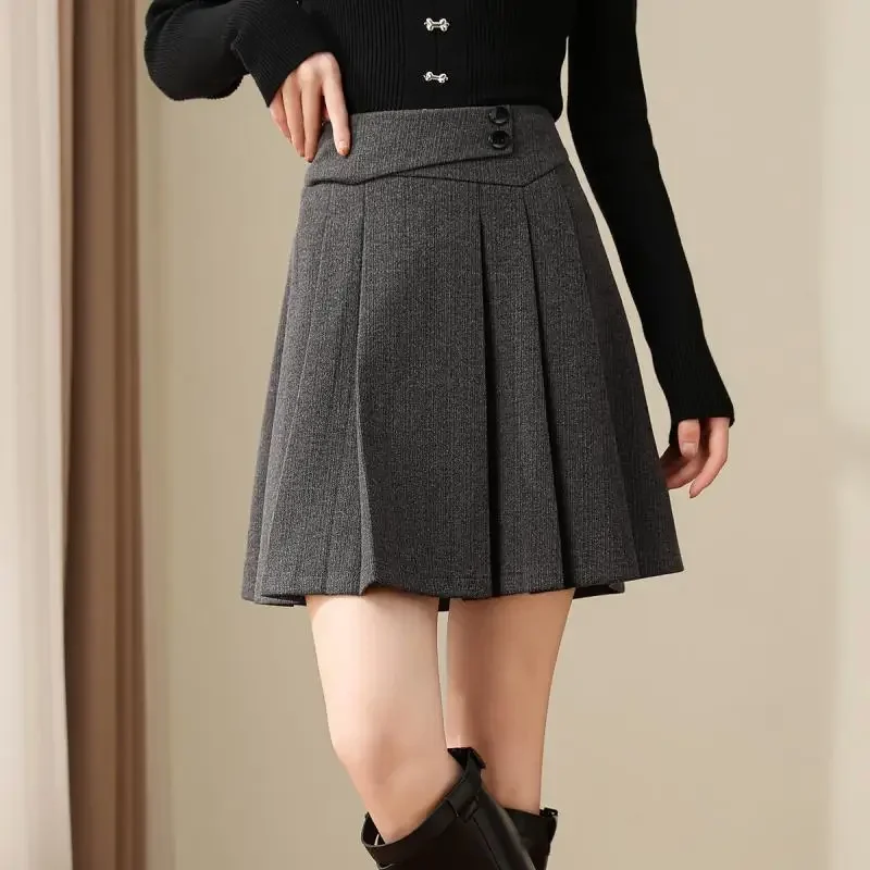 Deeptown Preppy Style Pleated Wool Skirt Women Elegant Grey Sweet Mini Skirts Vintage Solid A-line Casual Autumn Short Skirts