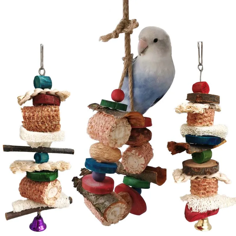 Bird Parrot Chewing Toy Natural Corn Cob Loofah Logs Bark Fruit Wood Combination Birdcage Hanging Decoration Pet Supplies