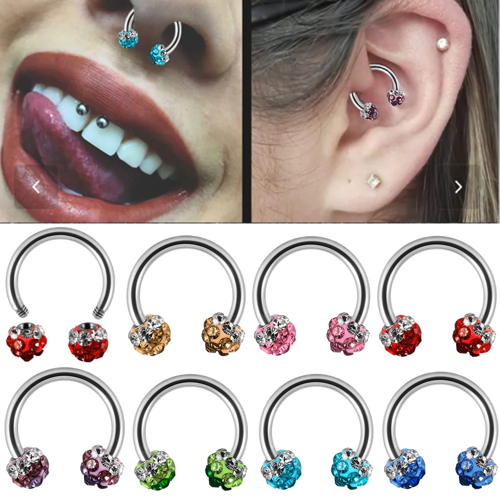 1PC Surgical Steel Colorful Crystal Ball Horseshoe External Thread Nose Ring Ear Cartilage Tragus Piercing Body Jewelry 16G