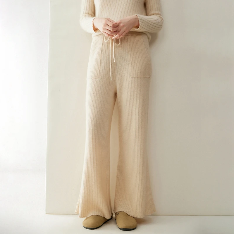 

Classy Autumn Winter Straight Trousers Women 100% Cashmere Pants Knitted Soft Thick Warm Pants With Pockets Cashmere Trousers