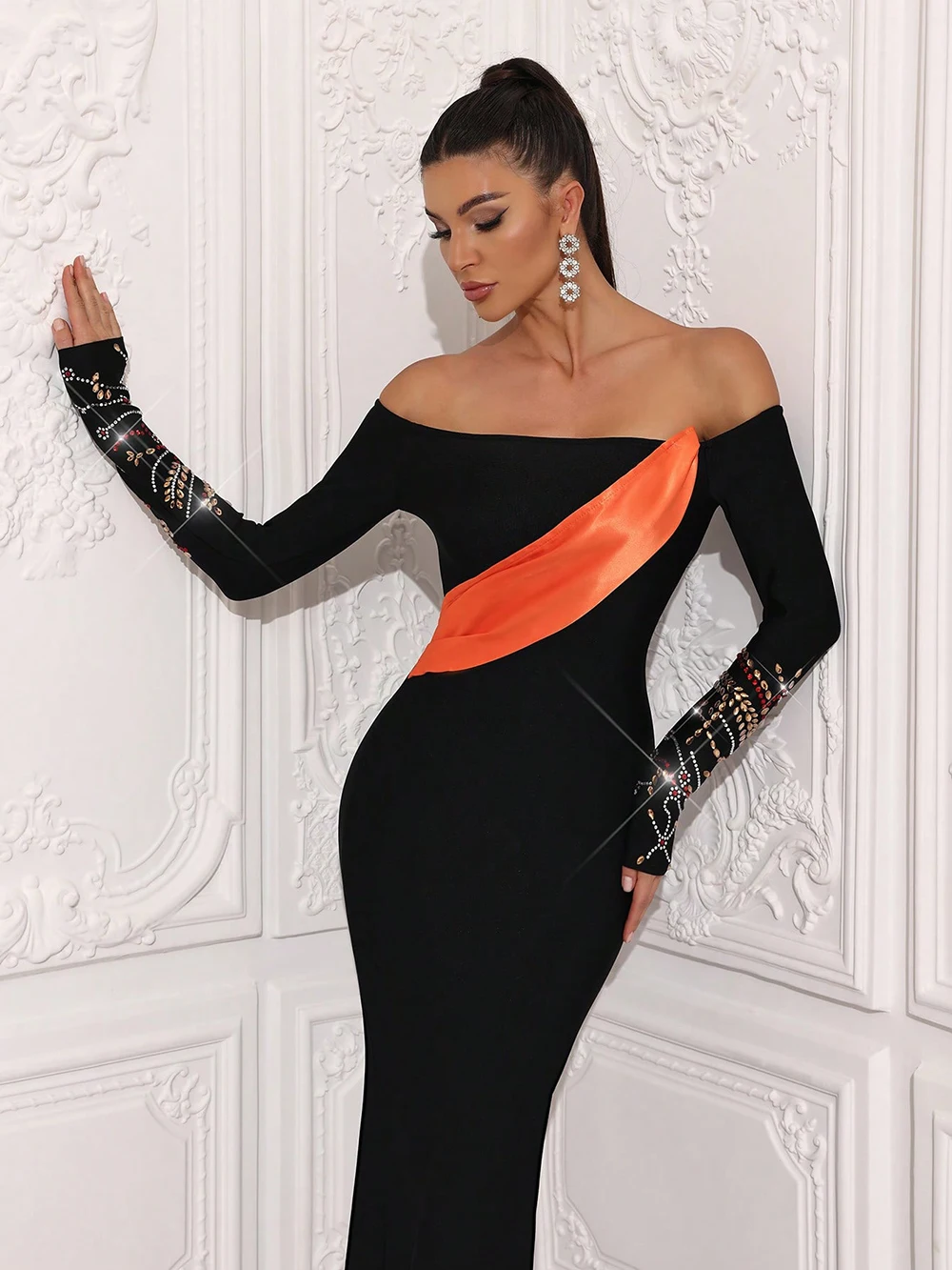 Modphy Zwarte Vrouwen Sexy Uit de Schouder Crystal Diamond Bodycon Lange Bandage Jurk Nachtclub Party Verjaardag Vieren Slijtage