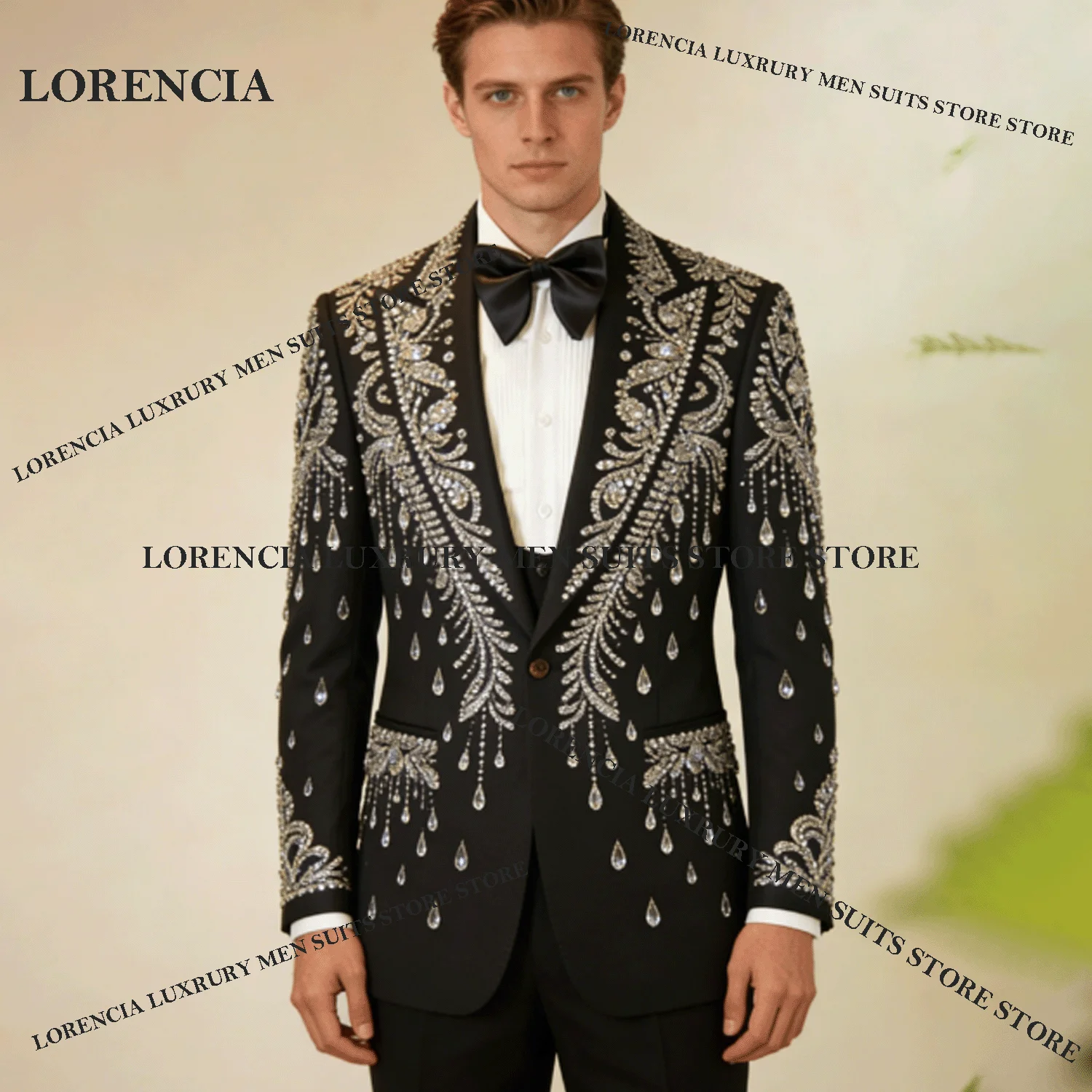 

Customized High Quality Jewelry Men Suit Luxury Diamond Wedding Ropa Blazer 2 Pieces Set Male Prom Blazer Handsome Groom Tuxedos