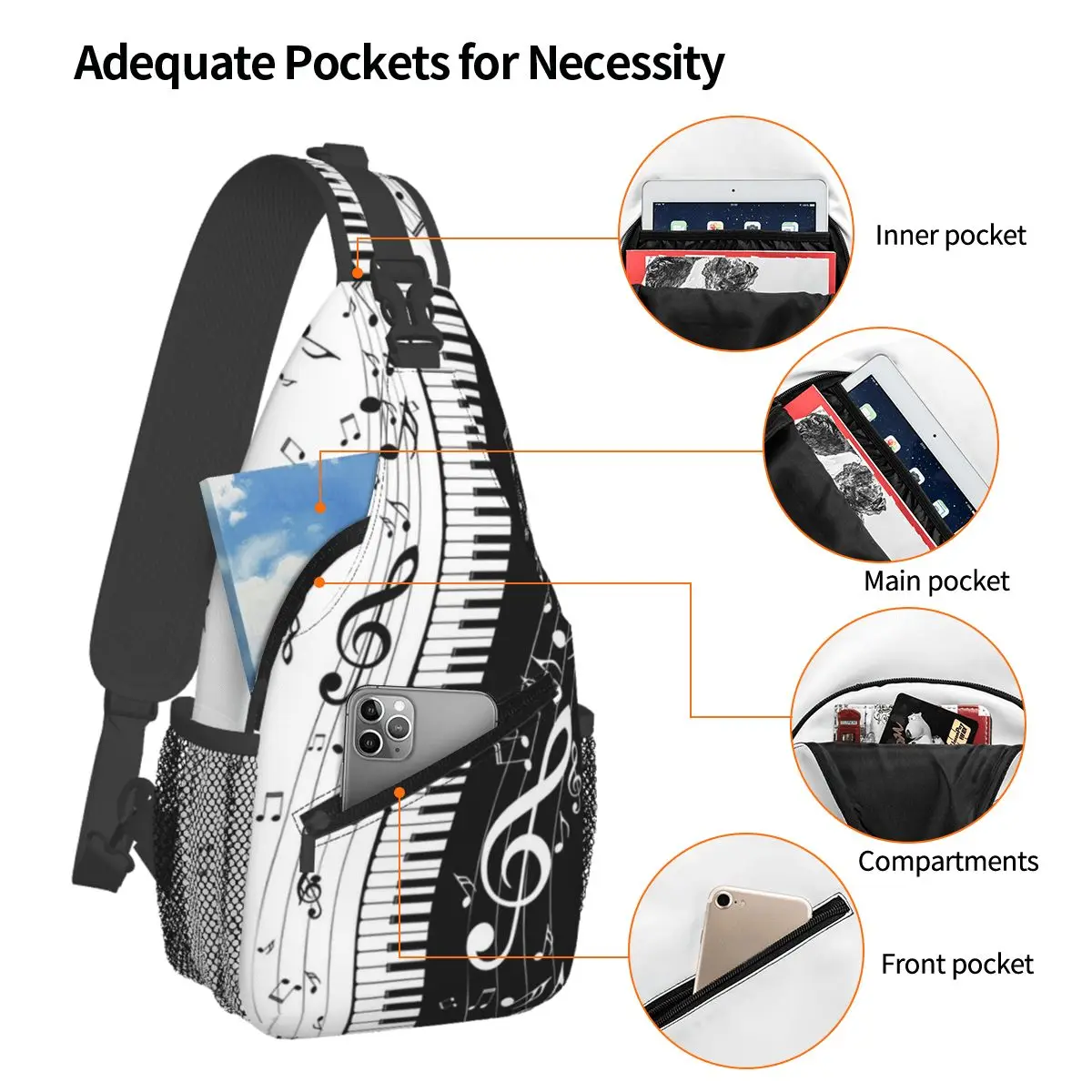 Abstract Piano Keys With Musical Notes  Chest Bag Men Sling Crossbody Backpack Chest Bag Travel Hiking Daypack Shoulder Bag